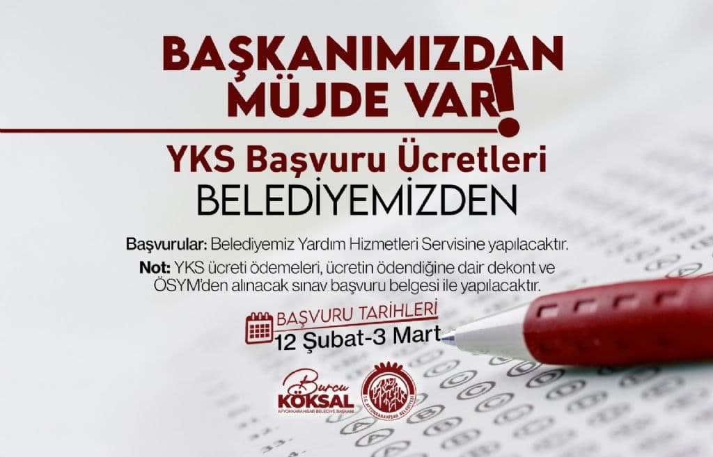 YKS BAŞVURU ÜCRETLERİ BELEDİYEMİZDEN