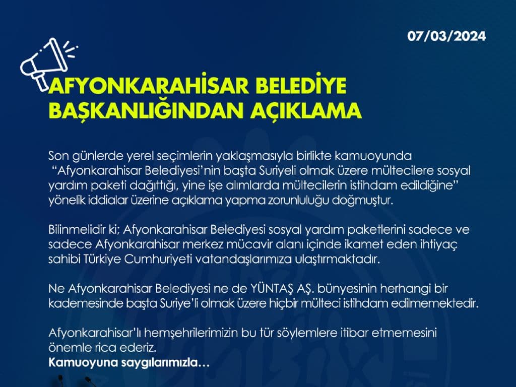 AFYONKARAHİSAR BELEDİYE BAŞKANLIĞINDAN AÇIKLAMA
